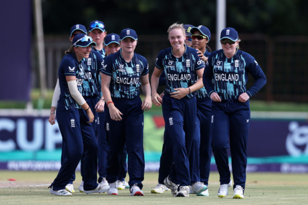 POTCHEFSTROOM, SOUTH AFRICA - JANUARY 25: Alexa Stonehouse of England celebrates the wicket of Naijanni Cumberbatch of West Indies during the ICC Women's U19 T20 World Cup 2023 Super 6 match between England and West Indies at JB Marks Oval on January 25, 2023 in Potchefstroom, South Africa. (Photo by Matthew Lewis-ICC/ICC via Getty Images)