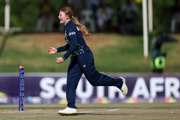POTCHEFSTROOM, SOUTH AFRICA - JANUARY 27: Ryana MacDonald-Gay of England celebrates after Lucy Hamilton of Australia ( not pictured ) is dismissed during the ICC Women's U19 T20 World Cup 2023 Semi Final match between England and Australia  at JB Marks Oval on January 27, 2023 in Potchefstroom, South Africa. (Photo by Nathan Stirk-ICC/ICC via Getty Images)