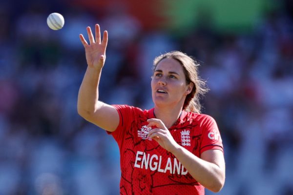 England's Nat Sciver-Brunt prepares to deliver a ball during the Group B T20 women's World Cup cricket match between England and Pakistan at Newlands Stadium in Cape Town on February 21, 2023. (Photo by Marco Longari / AFP) (Photo by MARCO LONGARI/AFP via Getty Images)