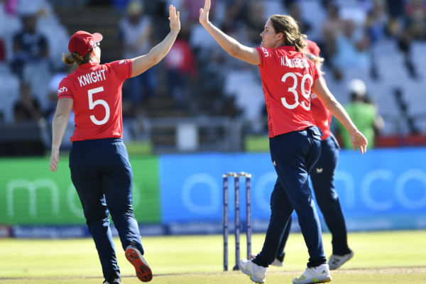 CAPE TOWN, SOUTH AFRICA - FEBRUARY 21: Nat Sciver-Brunt of England  celebrates the wicket of Omaima Sohail of Pakistan during the ICC Women's T20 World Cup match between England and Pakistan at Newlands Cricket Ground on February 21, 2023 in Cape Town, South Africa. (Photo by Ashley Vlotman/Gallo Images)