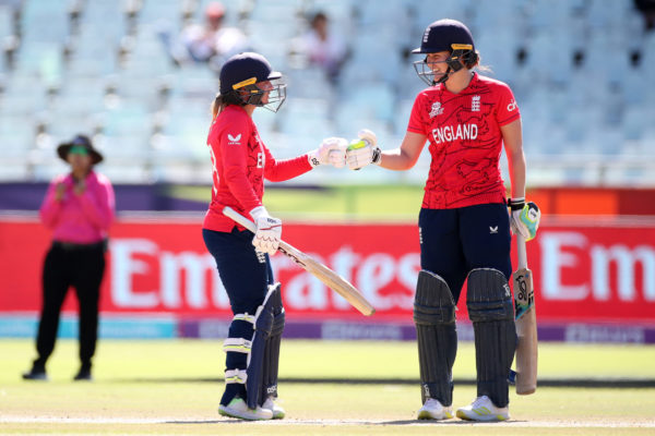 CAPE TOWN, SOUTH AFRICA - FEBRUARY 21: Danni Wyatt and Nat Sciver-Brunt of England interact during the ICC Women's T20 World Cup group B match between England and Pakistan at Newlands Stadium on February 21, 2023 in Cape Town, South Africa. (Photo by Jan Kruger-ICC/ICC via Getty Images)