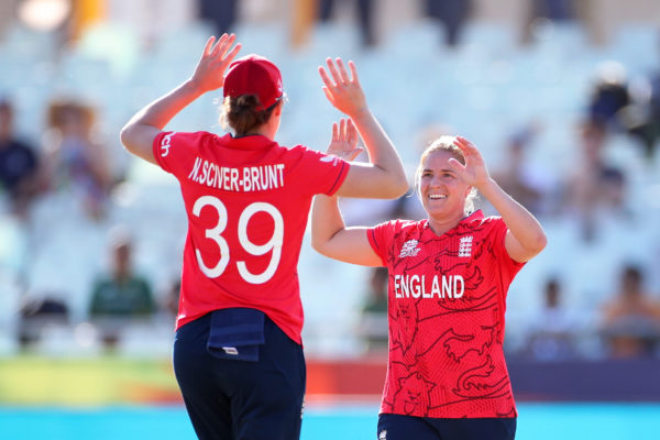 CAPE TOWN, SOUTH AFRICA - FEBRUARY 21: Katherine Sciver-Brunt and Nat Sciver-Brunt of England celebrates the wicket of Sidra Nawaz of Pakistan during the ICC Women's T20 World Cup group B match between England and Pakistan at Newlands Stadium on February 21, 2023 in Cape Town, South Africa. (Photo by Jan Kruger-ICC/ICC via Getty Images)