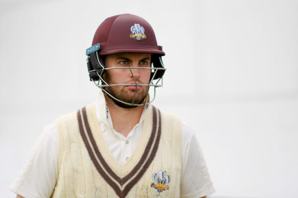 LONDON, ENGLAND - MARCH 30: Dom Sibley of Surrey walks out to bat during the Pre-Season Friendly match between Surrey and Middlesex at The Kia Oval on March 30, 2023 in London, England. (Photo by Alex Davidson/Getty Images for Surrey CCC)