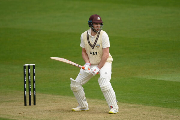 LONDON, ENGLAND - MARCH 30: Dom Sibley of Surrey is seen in his stance during the Pre-Season Friendly match between Surrey and Middlesex at The Kia Oval on March 30, 2023 in London, England. (Photo by Alex Davidson/Getty Images for Surrey CCC)