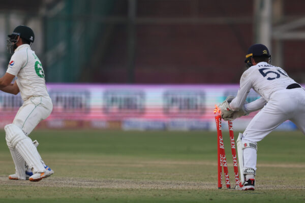 Pakistan v England - Third Test Match: Day One KARACHI, PAKISTAN - DECEMBER 17: Ben Foakes of England stumps Agha Salman of Pakistan during day one of the Third Test match between Pakistan and England at Karachi National Stadium on December 17, 2022 in Karachi, Pakistan. (Photo by Matthew Lewis/Getty Images)
