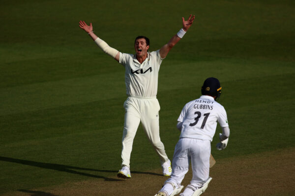 Surrey v Hampshire - LV= Insurance County Championship LONDON, ENGLAND - APRIL 15: Dan Worrall of Surrey appeals successfully for the wicket of Ben Brown of Hampshire during the LV= Insurance County Championship Division 1 match between Surrey and Hampshire at The Kia Oval on April 15, 2023 in London, England. (Photo by Ben Hoskins/Getty Images for Surrey CCC)