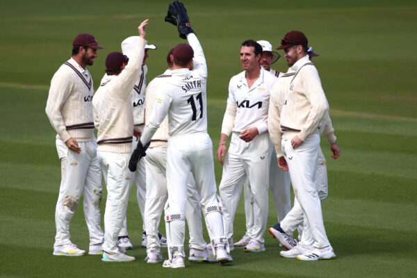 Surrey v Hampshire - LV= Insurance County Championship LONDON, ENGLAND - APRIL 13: Dan Worrall of Surrey celebrates with team mates after taking the wicket of Ian Holland of Hampshire during the LV= Insurance County Championship Division 1 match between Surrey and Hampshire at The Kia Oval on April 13, 2023 in London, England. (Photo by Ben Hoskins/Getty Images for Surrey CCC)