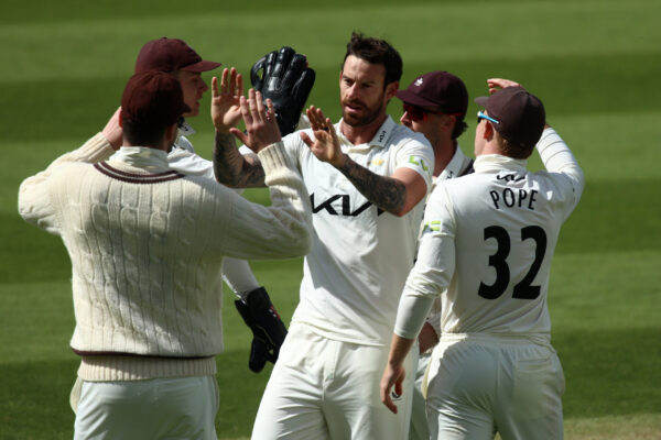 Surrey v Hampshire - LV= Insurance County Championship LONDON, ENGLAND - APRIL 13: Jordan Clark of Surrey celebrates with team mates after taking the wicket of Fletcha Middleton of Hampshire during the LV= Insurance County Championship Division 1 match between Surrey and Hampshire at The Kia Oval on April 13, 2023 in London, England. (Photo by Ben Hoskins/Getty Images for Surrey CCC)