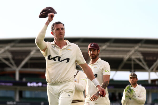 LONDON, ENGLAND - MAY 11: Dan Worrall of Surrey acknowledges the crowd after taking a fifer during the LV= Insurance County Championship Division 1 match between Surrey and Middlesex at The Kia Oval on May 11, 2023 in London, England. (Photo by Ben Hoskins/Getty Images for Surrey CCC)