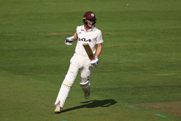 Surrey v Kent - LV= Insurance County Championship LONDON, ENGLAND - JUNE 26: Ben Geddes of Surrey celebrates reaching his century during the LV= Insurance County Championship match between Surrey and Kent at The Kia Oval on June 26, 2022 in London, England. (Photo by Ben Hoskins/Getty Images for Surrey CCC)