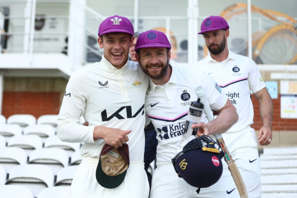 LONDON, ENGLAND - MAY 11: Jamie Smith and Surrey and Mark Stoneman of Middlesex pose for a picture ahead of the LV= Insurance County Championship Division 1 match between Surrey and Middlesex at The Kia Oval on May 11, 2023 in London, England. (Photo by Ben Hoskins/Getty Images for Surrey CCC)