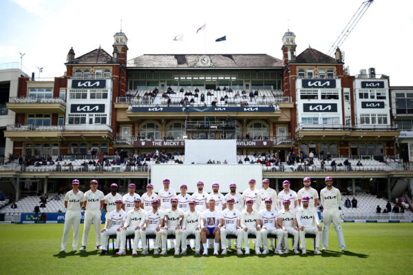 LONDON, ENGLAND - MAY 11: Players from both sides pose for a picture in support of Matt Dunn of Surrey - whose daughter, Florence, passed away aged 2 in March after living with Dravet Syndrome - ahead of the LV= Insurance County Championship Division 1 match between Surrey and Middlesex at The Kia Oval on May 11, 2023 in London, England. (Photo by Ben Hoskins/Getty Images for Surrey CCC)