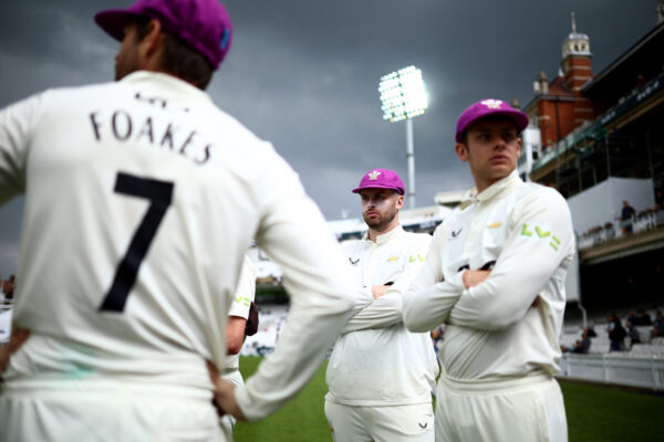 LONDON, ENGLAND - MAY 11: Dom Sibley of Surrey looks on during the LV= Insurance County Championship Division 1 match between Surrey and Middlesex at The Kia Oval on May 11, 2023 in London, England. (Photo by Ben Hoskins/Getty Images for Surrey CCC)