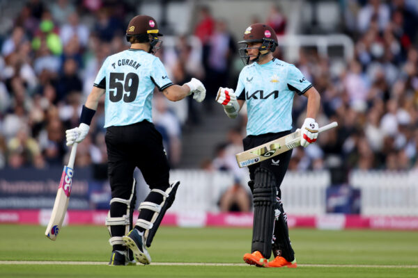 LONDON, ENGLAND - MAY 25: Tom Curran of Surrey interacts with Sam Curran of Surrey during the Vitality Blast match between Middlesex and Surrey at Lord's Cricket Ground on May 25, 2023 in London, England. (Photo by James Chance/Getty Images)