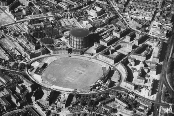 An aerial view of the Oval cricket ground in Kennington, London, with the gasometers next to it, circa 1950. (Photo by Eagle Aerophotos Ltd/Hulton Archive/Getty Images)