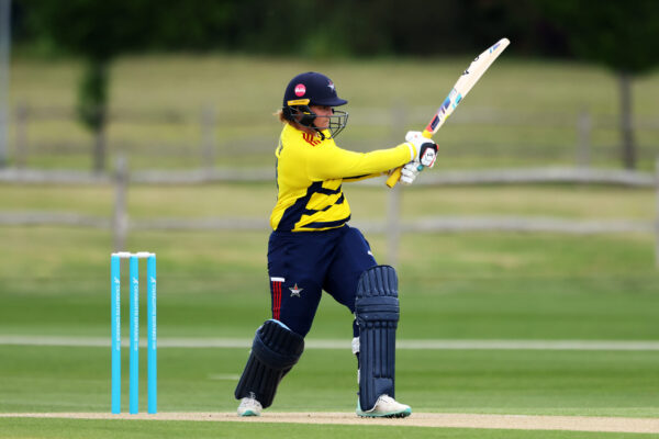 BECKENHAM, ENGLAND - MAY 20: Bryony Smith of South East Stars hits out during the Charlotte Edwards Cup match between South East Stars and The Blaze at The County Ground on May 20, 2023 in Beckenham, England. (Photo by Charlie Crowhurst/Getty Images for Surrey CCC)