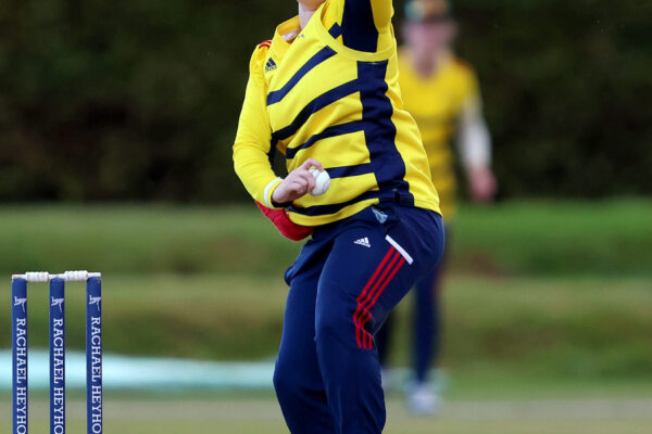 BECKENHAM, ENGLAND - SEPTEMBER 21: Bryony Smith of South East Stars bowls during the Rachael Heyhoe Flint Trophy match between The Blaze and South East Stars at The County Ground on September 21, 2023 in Beckenham, England. (Photo by Tom Dulat/Getty Images for Surrey CCC)