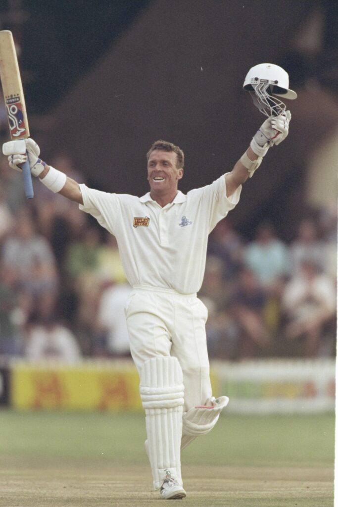 Alec Stewart of England celebrates his century
