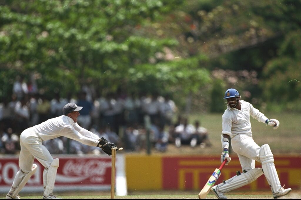 Alec Stewart of England and Asanka Gurusinha of Sri Lanka