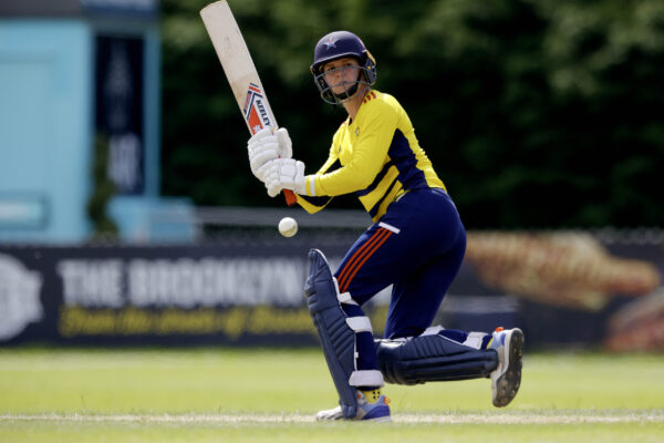 DERBY, ENGLAND - JUNE 22: Paige Schofield of South East Stars hits the ball during the Charlotte Edwards Cup Semi Final between South East Stars and Southern Vipers at The County Ground on June 22, 2024 in Derby, England. (Photo by Malcolm Couzens/Getty Images for Surrey CCC)