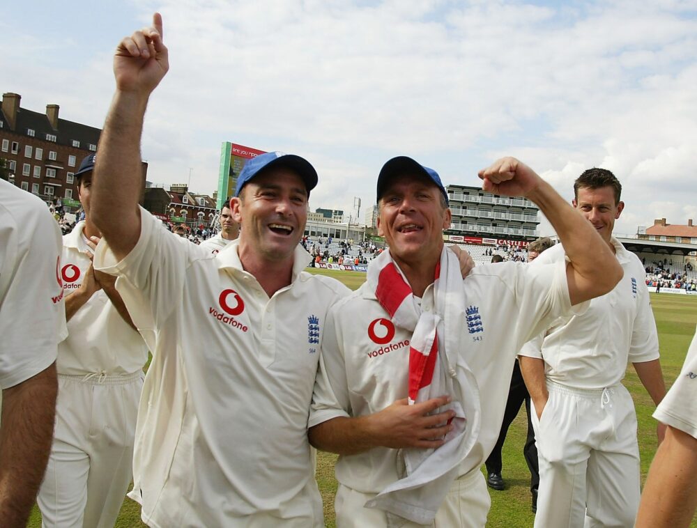 Alec Stewart and Graham Thorpe of England celebrate England's victory