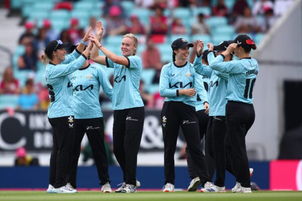 Vitality Blast Women's Final LONDON, ENGLAND - JULY 27: Alexa Stonehouse of Surrey celebrates with team mates after taking a wicket during the Vitality Blast Women's Final match between Surrey and The Bears at The Kia Oval on July 27, 2025 in London, England. (Photo by Ben Hoskins/Getty Images for Surrey CCC)