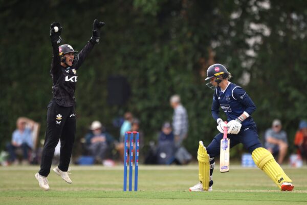 GUILDFORD, ENGLAND - JULY 24: Surrey Women's wicket keeper Kira Chathli appeals against Freya Kemp of Hampshire Women while during the Metro Bank One Day Cup match between Surrey Women and Hampshire Women at Woodbridge Road on July 24, 2025 in Guildford, England. (Photo by Charlie Crowhurst/Getty Images for Surrey CCC)