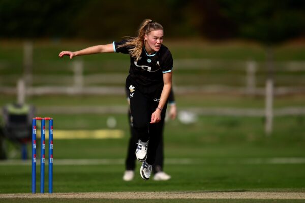 BECKENHAM, ENGLAND - SEPTEMBER 07: Alexa Stonehouse of Surrey bowls during the Metro Bank One Day Cup match between Surrey Women and Lancashire Women at The County Ground Beckenham on September 07, 2025 in Beckenham, England.  (Photo by Ben Hoskins/Getty Images for Surrey CCC)