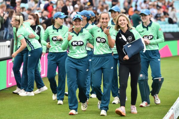 Oval Invincibles Women v Birmingham Phoenix Women - The Hundred: The Eliminator LONDON, ENGLAND - AUGUST 20: Alice Capsey and Tash Farrant of Oval Invincibles Women celebrates following the Eliminator match of The Hundred between Oval Invincibles Women and Birmingham Phoenix Women at The Kia Oval on August 20, 2021 in London, England. (Photo by Nathan Stirk - ECB/ECB via Getty Images)
