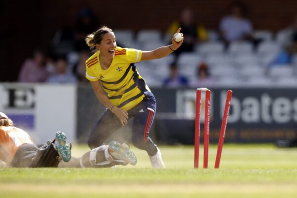 South East Stars v Southern Vipers - Charlotte Edwards Cup Semi Final DERBY, ENGLAND - JUNE 22: Tash Farrant of South East Stars celebrates a run-out during the Charlotte Edwards Cup Semi Final between South East Stars and Southern Vipers at The County Ground on June 22, 2024 in Derby, England. (Photo by Malcolm Couzens/Getty Images for Surrey CCC)