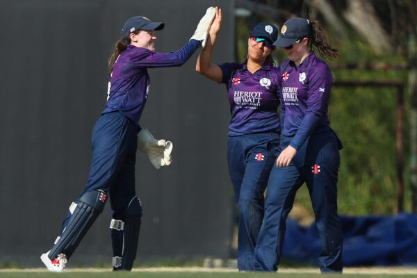 Scotland v Netherlands - ICC Women's Emerging Nations Trophy 2025 BANGKOK, THAILAND - NOVEMBER 28: Priyanaz Chatterji of Scotland celebrates taking a catch to dismiss Frederique Overdijk of the Netherlands for 1 run during the ICC Women's Emerging Nations Trophy 2025 match between Scotland and Netherlands at Terdthai Cricket Ground on November 28, 2025 in Bangkok, Thailand. (Photo by Thananuwat Srirasant-ICC/ICC via Getty Images)