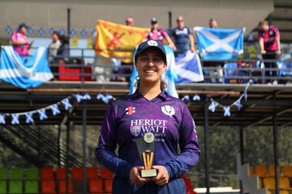 Nepal v Scotland: ICC Women´s T20 World Cup 2026 Qualifier KATHMANDU, NEPAL - JANUARY 26: Priyanaz Chatterji of Scotland poses for a photo with the Player of the Match award following the team's victory during the ICC Women´s T20 World Cup 2026 Qualifier match between Nepal and Scotland at Tribhuvan University Cricket Ground on January 26, 2026 in Kathmandu, Nepal. (Photo by Thananuwat Srirasant-ICC/ICC via Getty Images)
